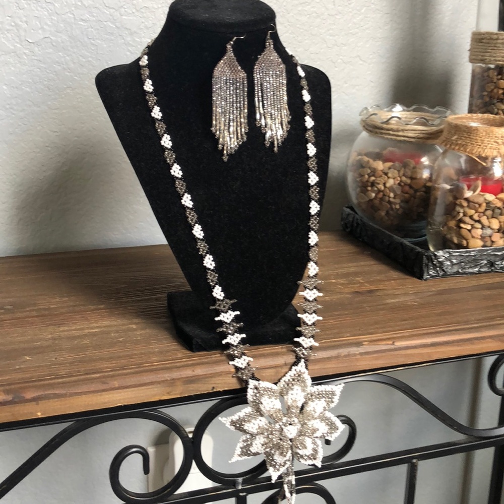 Long ( about 12 inch) beaded necklace and earring